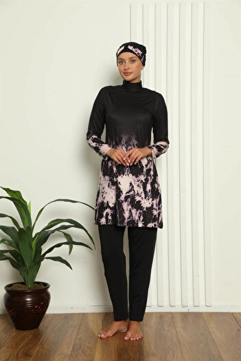 emosavm Fashion Full Hijab Digital Patterned Swimsuit Black
