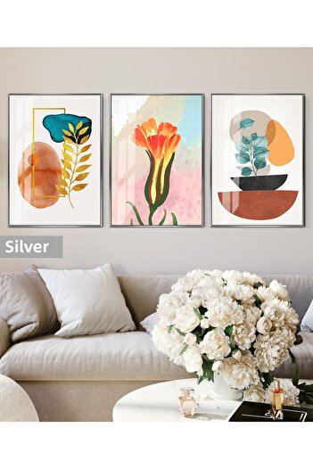 Harikabirev Hari̇kabi̇rev | Orange Velvet Flower Patterned Bohemian Combination 01 | Framed Glass Table 3-Piece Vertical