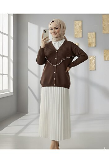 Modamorfo Ruffled Knitwear Cardigan with Pearls and Buttons - Brown