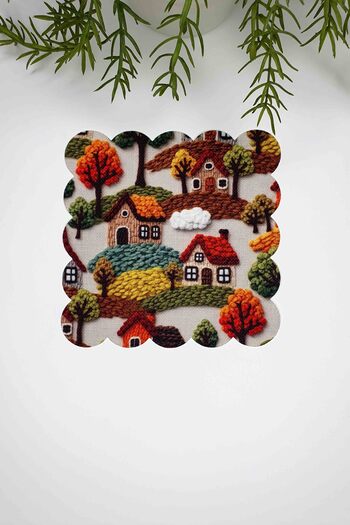 decofav 3D Autumn Houses Design Digital Printed Laser Cut Fabric Cocktail Napkin 1 Piece