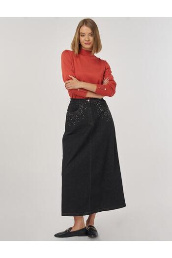 Kayra Hotfix Printed Denim Skirt Black
