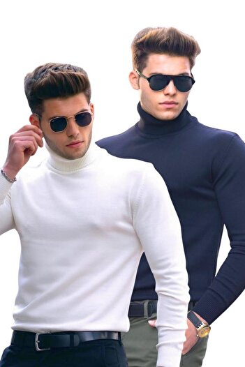 Madmext Navy Blue/White Turtleneck 2-Pack Sweater 4656