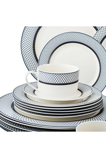 ORIAN Luxury 40-Piece Porcelain Dinner Set, Blue Stripe, for 6 People