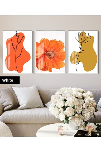 Harikabirev Hari̇kabi̇rev | Orange Color Bohemian Flower Combination 01 | Framed Glass Table 3-Piece Vertical