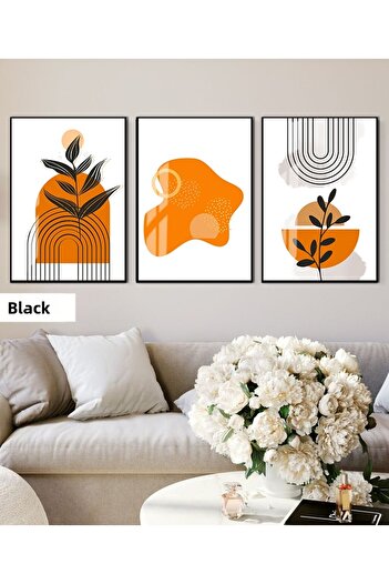 Harikabirev Hari̇kabi̇rev | Orange Colored Abstract Patterned Bohemian Combination Soft | Framed Glass Table 3-Piece Vertical