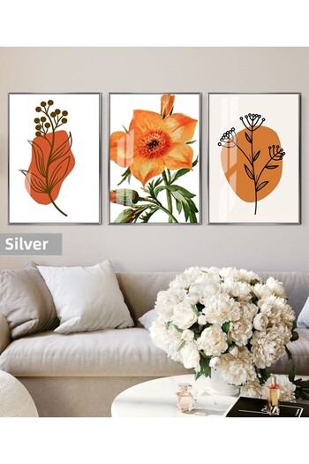 Harikabirev Hari̇kabi̇rev | Orange Color Flower Bohem Combination 02 | Framed Glass Table 3-Piece Vertical