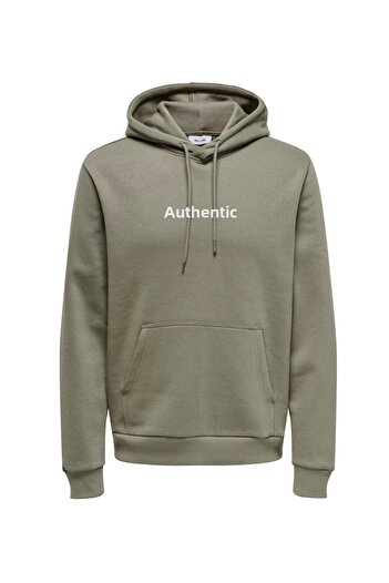 Only & Sons Men's Khaki Sweatshirt - Hood Neck, Open Regions - Onsconnor Authentic