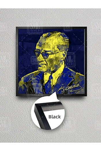 SML TABLO Pictură pătrată pe pânză înrămată cu semnătură Mustafa Kemal Atatürk, galben și bleumarin