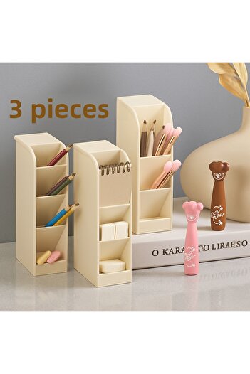 VİALEX 3 Pcs Mellow 4 Compartment Multi-Purpose Desk Organizer Pen Holder-Jewelry-Makeup-Office Organizer-Beige