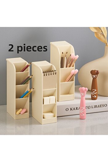 VİALEX 2 Pcs Mellow 4 Compartment Multi-Purpose Desk Organizer Pen Holder-Jewelry-Makeup-Office Organizer-Beige