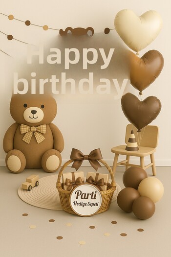 parti hediye sepeti Bear Themed Birthday Party Set Coffee Cream Caramel |   Heart Foil Balloon and Happy Birthday Banner