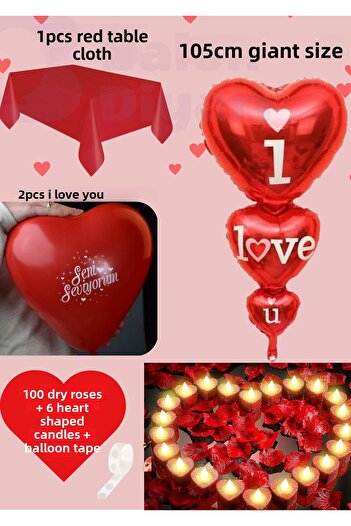 BALON DİYARI Heart Balloon Heart Candle Dry Rose Food Set Valentine's Day Anniversary Marriage Proposal Ornament