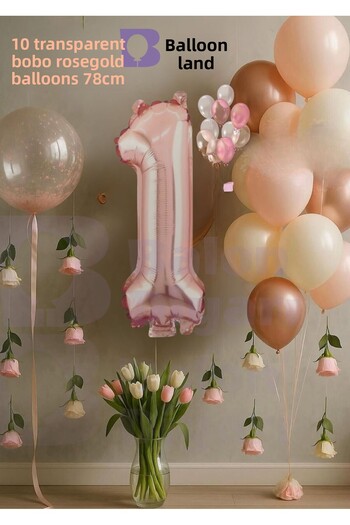 BALON DİYARI 1 Year Old Rosegold Birthday Set with Transparent Bobo Gift