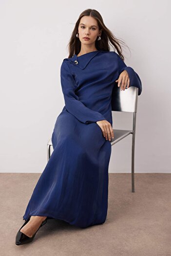 Trendyol Modest Navy Blue Lined Plain Woven Yoryo Chiffon Hijab Dress Tctaw26Eb00033