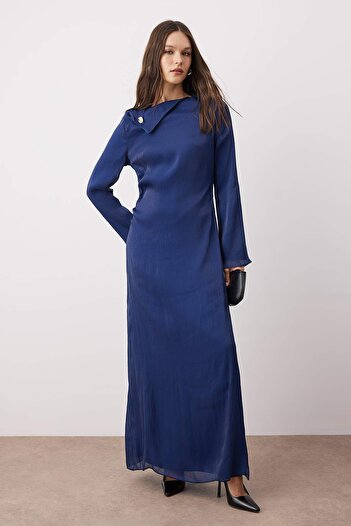 Trendyol Modest Navy Blue Lined Plain Woven Yoryo Chiffon Hijab Dress Tctaw26Eb00033