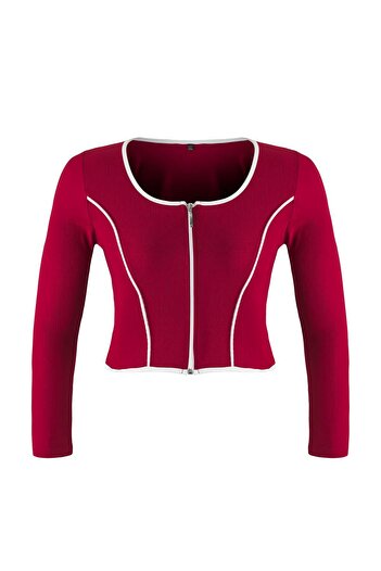 Trendyol Curve Burgundy Teen Contrast Piping Detailed Fitted/Fitted-To-The-Body Zippered Neckline Stretchy Knitted Blouse Tbbaw26Af00041