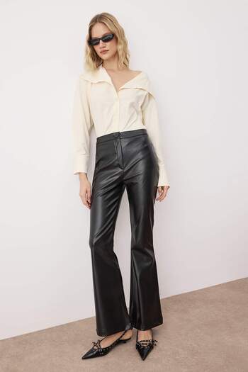 Trendyol Collection Black Faux Leather Flare Bootcut Pants Twoaw26Pl00069