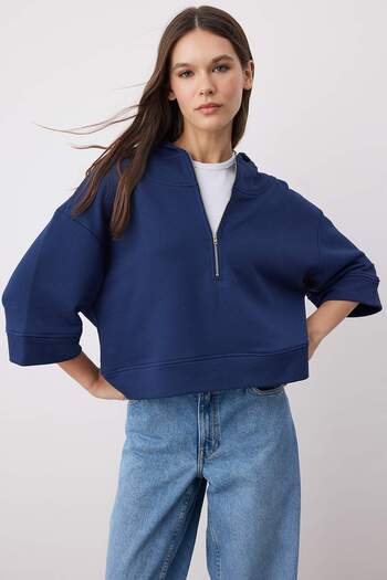 Trendyol Collection Navy Blue Hooded Zipper Detailed Three Quarter Sleeve Thick Knitted Sweatshirt Twoaw26Sw00024