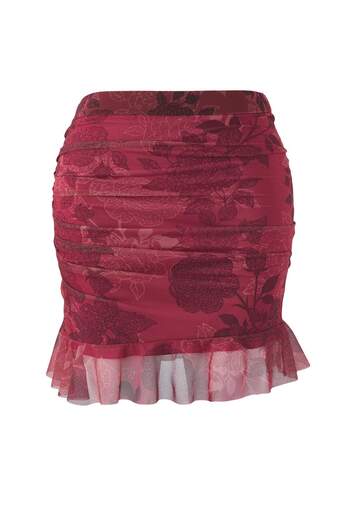 Trendyol Curve Burgundy Floral Mini Knitted Plus Size Skirt Tbbaw26Az00019