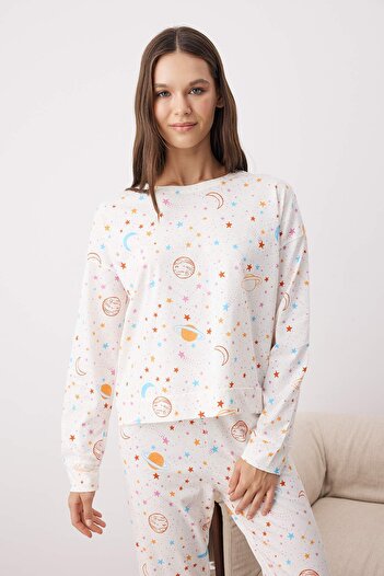 Trendyol Collection Ecru 100% Cotton Galaxy Patterned Knitted Pajama Set Thmaw21Pt0794