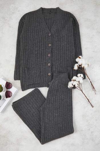 Trendyol Curve Anthracite Button Detailed Knitwear Bottom - Top Set Tbbaw26Cp00009
