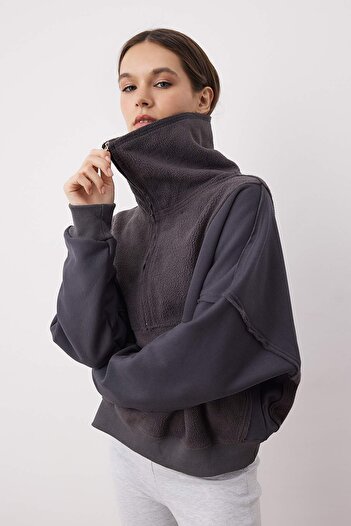 Trendyol Collection Anthracite Regular/Normal Fit Fleece Zipper Pocket Detailed Thick Knitted Sweatshirt Twoaw26Sw00009