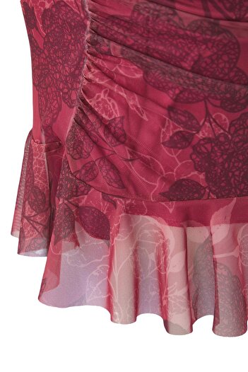 Trendyol Curve Burgundy Floral Mini Knitted Plus Size Skirt Tbbaw26Az00019