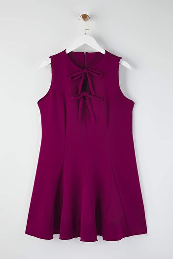 Trendyol Curve Plum Bow A-Line/Waist Cutout Mini Woven Plus Size Dress Tbbaw26Ah00007