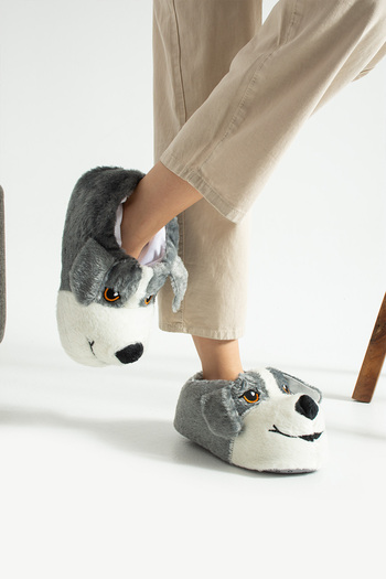 star shoes Παντόφλες Unisex με φιγούρα σκύλου, γκρι βελούδινες μπότες για το σπίτι