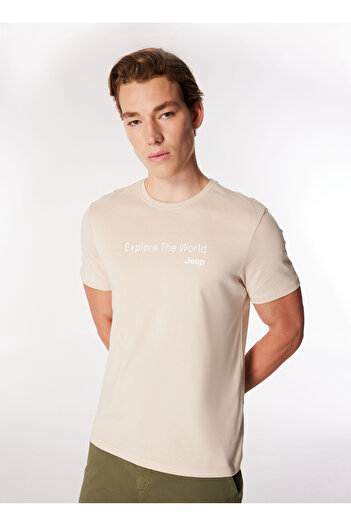 Jeep Bisiklet Yaka Baskılı Bej Erkek T-Shirt J4WM-TST7216