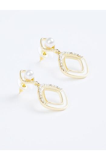 Jimmy Key Gold Color Square Figured Enamel Detailed Pearl Earrings
