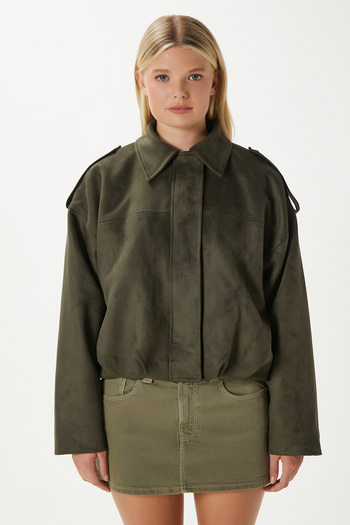 Ritnice Women's Rodney Suede Effect Khaki Bomber Jacket