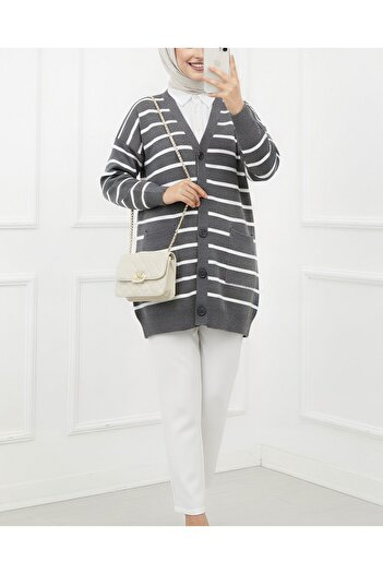 Modamorfo Smoked V-Neck Striped Knitwear Cardigan - Buttoned