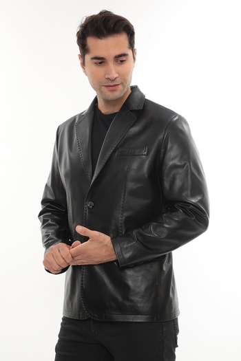 db deriburada original Erkek Siyah Hakiki Deri Blazer Ceket