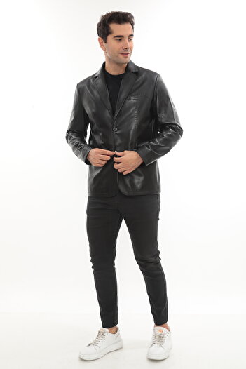 db deriburada original Erkek Siyah Hakiki Deri Blazer Ceket