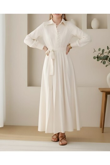 Modamorfo Women's Belted Button Detailed Judge Collar Dress - Stone