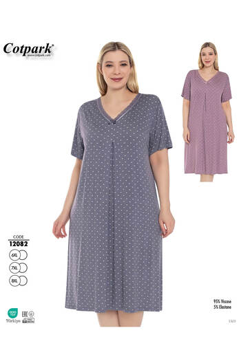Cotpark Plus Size Viscose Elastane Fabric Lace Short Sleeve Patterned Nightgown 12082