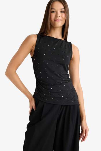 DeFacto Asymmetric Square Neck Polka Dot Sleeveless Blouse F9512Ax25Au