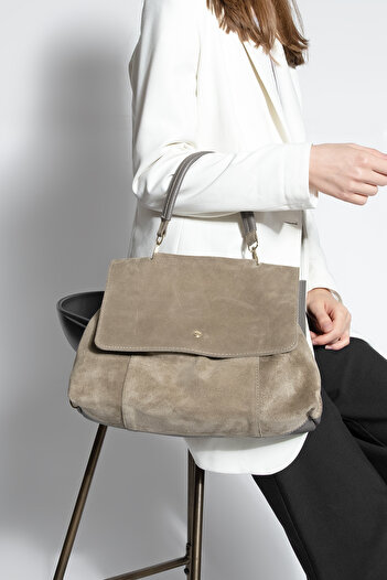 Marjin Women's Genuine Leather Hand and Shoulder Bag with Zippered Removable Inner Pocket Ornis Mink Suede