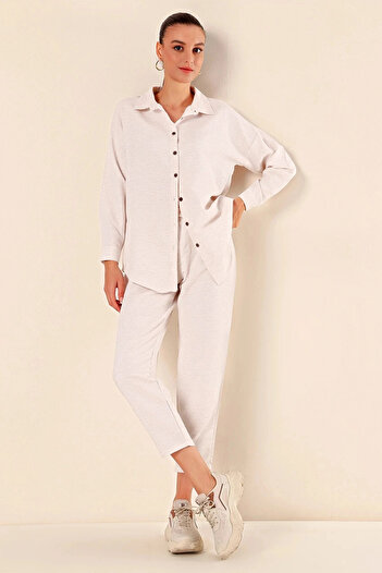 hazelin Women's Cream Linen Shirt and Trousers Bottom-Top Double Suit HZL23W-BD166221