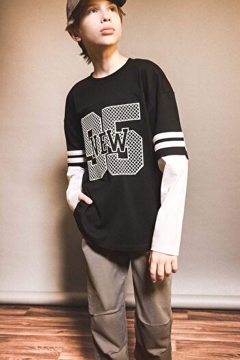 DeFacto Boy's Oversize Wide Fit Crew Neck Printed Long Sleeve T-Shirt G1687A825Au