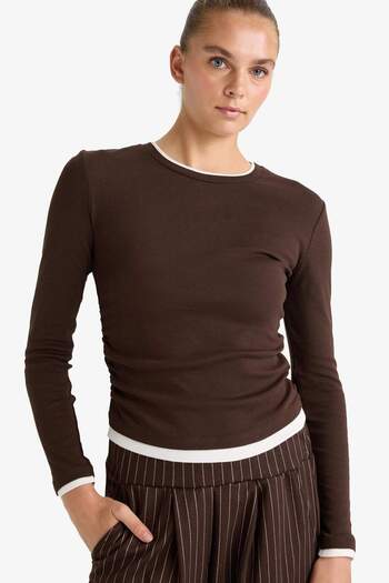 DeFacto Slim Fit Slim Fit Crew Neck Ribbed Long Sleeve T-Shirt E6548Ax25Au