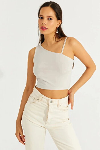 hazelin Γυναικεία μπεζ λουράκι με έναν ώμο Lycra Crop μπλούζα HZL23S-SND 120171
