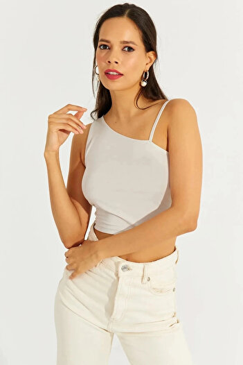 hazelin Γυναικεία μπεζ λουράκι με έναν ώμο Lycra Crop μπλούζα HZL23S-SND 120171