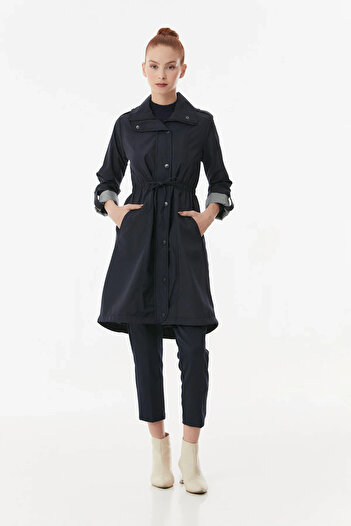 hazelin Women's Navy Blue Pocket Detailed Drawstring Waist Lined Long Trench Coat HZL23W-BD158081