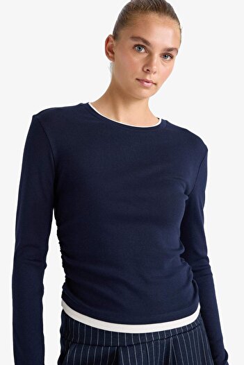 DeFacto Футболка з довгим рукавом Tisort E6548AX25SP з ребристим вирізом горловини Slim Fit Slim Fit з довгим рукавом Tisort E6548AX25SP