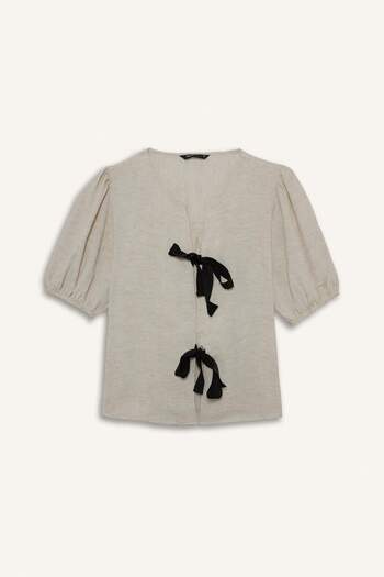 DeFacto Regular Fit Crew Neck Linen Blend Tie Front Short Sleeve Blouse G2390Ax25Au