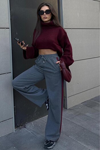 Madmext Anthracite Stripe Detailed Wide Leg Women's Trousers Mg2441