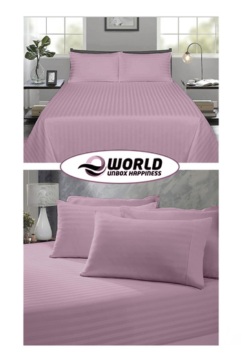 Eworld 3 Piece Pink Striped Cotton Single Bed Sheet Set – Flat Sheet & 2 Pillowcases