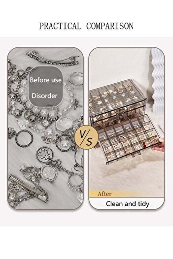 Lumely Jewelry Storage Boxes with Lid,3 Removable Drawers & 72 Grids,25X16X13CM,Acrylic Cosmetic Organizer